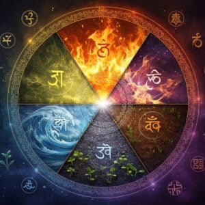 A mystical circular mandala divided into five distinct segments, each representing an element: earth (bottom) shown as rich brown soil with sprouting seedlings and Sanskrit 'पृथ्वी', water (lower left) depicted as flowing blue waves with Chinese '水', fire (top) as vibrant orange-red flames with Arabic 'نار', air (lower right) as swirling white winds with Greek 'ἀήρ', and ether (center) as a deep purple cosmic void with Sanskrit 'आकाश'. The elements flow seamlessly into each other, creating a harmonious blend. The mandala floats in a ethereal space with soft, glowing orbs of light. Traditional Indian patterns and motifs adorn the borders, featuring intricate Madhubani-style details in gold. Small cultural symbols from different civilizations float around the mandala: Egyptian hieroglyphs, Celtic knots, Tibetan symbols, and Aztec glyphs. The entire composition is rendered in a modern digital art style with rich, deep colors and metallic accents, maintaining a balance between traditional symbolism and contemporary aesthetics. Soft particle effects and light rays emanate from the center, creating a sense of divine energy and universal connection.