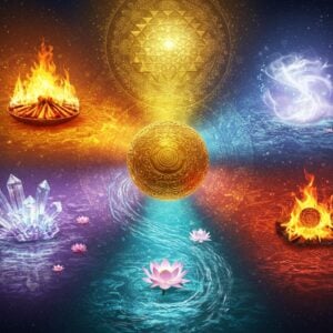 A mystical cosmic scene showcasing five interconnected sacred elements: a central golden earth sphere with intricate Madhubani-style patterns, surrounded by a swirling crystal-clear water stream in peacock blue, floating fire mandalas in saffron and deep red, spiraling wind currents in silver-white, and a ethereal violet-hued ether/space element with twinkling stars. Each element transitions smoothly into the next in a circular formation. The background features a large, ornate Sri Yantra pattern glowing with soft golden light. Floating lotus flowers in pastel pink and white emerge from the water element. Traditional Indian paisley and geometric patterns infuse each element. The scene is illuminated by multiple light sources: warm golden rays from the fire, cool blue reflections from water, and ethereal starlight from the space element. The overall composition creates a serene yet powerful visual representation with depth and dimensional effects. The style combines hyperrealistic textures with traditional Indian art motifs, rendered in a modern digital aesthetic with subtle gradient transitions and particle effects. The scene is viewed from a slightly elevated angle to show the interconnectedness of all elements.