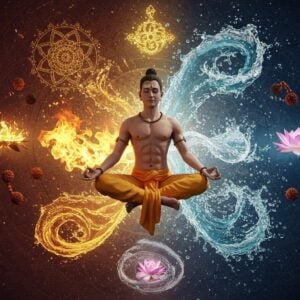 A serene Indian yogi in lotus position floating mid-air, surrounded by five distinct ethereal elements: a spiral of earth (brown and gold) below, swirling water (deep blue) to the right, luminous flames (orange-gold) to the left, transparent wind currents (silvery-white) above, and a shimmering violet ether encompassing all. The yogi wears traditional saffron dhoti, upper body bare, with tilak on forehead, eyes closed in deep meditation. Sacred geometric patterns and intricate mandalas float in the background, rendered in gold lines. Each element transforms into the next in a continuous flow, creating a mesmerizing circular pattern. The scene is illuminated by soft, divine light creating an otherworldly glow. Madhubani-style patterns integrate with modern digital art techniques. Small floating lotuses and rudraksha beads orbit the scene. The color palette includes deep maroons, celestial blues, earthy golds, and subtle pastels. Hyperrealistic rendering with magical realism elements, 8K quality, cinematic lighting, detailed textures.