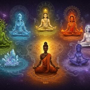 A mystical circular arrangement showing five ethereal Indian yogis in meditation, each representing an element: earth (adorned in emerald green with crystals and plants), water (flowing blue robes with swirling water patterns), fire (dressed in deep orange with floating flames), air (wearing white with windswept fabric), and space (in deep indigo with constellation patterns). They sit on ornate mandala patterns specific to each element. The central point shows a golden Sri Yantra emitting divine light. Sacred geometry patterns float in the background, with each element's symbol rendered in traditional Madhubani style but with a modern gradient glow. Smoke trails of sandalwood incense weave through the scene. The lighting creates a supernatural atmosphere with element-specific auras around each yogi. The art style combines hyperrealistic digital rendering with traditional Indian motifs, featuring rich jewel tones and metallic accents. The background shows a cosmos-like space with subtle Sanskrit symbols floating ethereally. Soft particle effects specific to each element (leaves, water droplets, flame sparks, swirling air, starlight) surround their respective yogis.