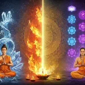 A mystical split-screen composition showing two Indian yogis in padmasana, divided by an ethereal golden light beam. On the left, the yogi performs Pancha Bhuta Kriya amidst swirling elements: earth (crystal formations), water (flowing streams), fire (sacred flames), air (visible wind currents), and ether (cosmic purple energy). On the right, another yogi performs Bhuta Shuddhi, surrounded by five glowing chakra mandalas aligned vertically, each representing different elements with corresponding colors - yellow (earth), white (water), red (fire), blue (air), and violet (ether). Both yogis wear traditional saffron robes with intricate Madhubani-style patterns. The background features a large, ornate mandala with sacred geometry patterns in metallic gold and deep peacock blue. Floating lotus flowers, subtle Sanskrit symbols, and spiraling energy patterns connect both sides. The scene is illuminated by soft, ethereal light creating a dreamlike atmosphere. Art style combines hyperrealistic digital rendering with traditional Indian Pattachitra patterns, emphasizing both modern spirituality and ancient wisdom.