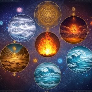 A mystical scene depicting five interconnected ethereal circles arranged in a sacred mandala pattern, each representing the Pancha Bhuta with distinct visual elements: Earth (bottom) shown as golden-brown crystalline mountains and fertile soil, Water (lower right) as flowing cerulean waves and sacred rivers, Fire (center) as vibrant orange-red flames and divine light, Air (lower left) as swirling white-silver wind patterns and clouds, and Space (top) as deep indigo cosmic expanse with stars. Each element flows seamlessly into the others, creating a harmonious blend. The composition is framed by intricate Madhubani-style borders with traditional Indian patterns. In the background, a large, translucent Sri Yantra geometric pattern glows with soft golden light. Small floating lotus flowers and sacred symbols orbit around each element. The color palette combines deep earthy tones with celestial blues and cosmic purples, while metallic gold accents highlight key details. The art style merges traditional Indian sacred geometry with modern digital art techniques, creating a sophisticated and spiritual aesthetic. Soft particles of light dance around the elements, suggesting their divine nature and interconnectedness.