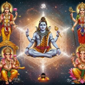 A majestic spiritual composition showcasing five divine Hindu deities arranged in a sacred pentagonal mandala pattern against a cosmic background with swirling galaxies and ethereal light. At the center, Lord Shiva in meditation pose, ash-smeared body, crescent moon on head, third eye prominent, holding trishul and damaru. To the right, Lord Vishnu standing on lotus, four arms holding shankha, chakra, gada, and padma, wearing pitambara and crown. Above, Devi Parvati in red silk saree, seated on lion, eight arms holding various weapons, radiating divine feminine energy. To the left, Surya Dev on seven-horse chariot, golden aura, holding lotus in both hands, wearing armor and crown. Below, Lord Ganesha, red-bodied, seated cross-legged, four arms holding modak, ankusha, pasha, and blessing pose, mouse at feet. Each deity surrounded by their unique aura colors - blue for Shiva, golden for Vishnu, red for Devi, bright yellow for Surya, and saffron for Ganesha. Intricate Madhubani-style patterns flow between deities, connecting them with ornate geometric designs. Scene illuminated by divine light streams, with floating lotus flowers, and subtle Om symbols in background. Hyperrealistic digital art style with rich colors and dramatic lighting.