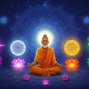 A mystical Indian sage in meditation posture floating in ethereal space, surrounded by five distinct glowing orbs representing the Tanmatras - a purple sound wave orb emanating musical notes, a silver-white breeze orb with visible air currents, a golden light orb radiating prismatic colors, a crimson orb with ethereal flavors and spices, and an emerald green orb with wisps of fragrant smoke. The sage wears traditional saffron robes with intricate Madhubani-style patterns. Behind them, a large intricate mandala in peacock blue and gold pulses with sacred geometry. The scene features floating lotus flowers, each glowing with the respective colors of the five elements. Soft particles of light dance around the composition. The art style combines photorealistic rendering with traditional Indian art motifs, creating a modern spiritual aesthetic. The lighting is ethereal and dreamy, with a soft gradient background transitioning from deep indigo to midnight blue. Small yantra patterns float in the background.