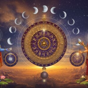 A mystical Indian celestial calendar floating in ethereal space, rendered in traditional Madhubani art style with modern digital elements. The center features a large, ornate golden mandala clock with Sanskrit numerals, surrounded by twelve smaller rotating zodiac wheels in rich peacock blue and deep maroon. Intricate patterns of stars, planets, and constellations swirl around in metallic gold and silver. Two Indian celestial figures - one male and one female in traditional attire - stand on either side, gesturing towards the cosmic timepiece. The male figure holds a traditional palm leaf manuscript while the female holds a brass telescope. The background shows phases of the moon in pastel blues and silvers, with sacred geometry patterns connecting them. Glowing lotus flowers float at the corners, emanating soft light. The entire scene is illuminated by a divine aura, creating a harmonious blend of ancient wisdom and modern cosmic visualization. The style combines photorealistic elements with surreal, spiritual aesthetics, featuring subtle gradients of saffron, gold, and deep indigo.