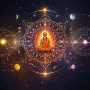 A mystical scene showing a grand celestial clock-like mandala floating in space, rendered in traditional Indian Madhubani art style with modern digital elements. The mandala has five concentric rings representing the five elements of Panchangam (Tithi, Vara, Nakshatra, Yoga, and Karana), each ring adorned with intricate Sanskrit symbols glowing in metallic gold and deep indigo. In the center, a serene Indian sage in meditation pose floats, surrounded by swirling cosmic energy in rich saffron and peacock blue. Around the mandala, celestial bodies - the sun, moon, and nine planets - orbit in their paths marked by golden light trails. The background features ethereal constellation patterns inspired by Hindu astronomy, with subtle lotus motifs connecting the stars. The entire composition is illuminated by soft, otherworldly light in warm gold and cool silver tones, creating a three-dimensional effect. Small elements like falling flower petals and wisps of sacred smoke add movement to the scene. The style combines photorealistic space elements with traditional Indian art patterns, creating a modern yet culturally authentic visualization.
