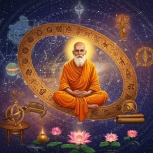 A mystical celestial scene showing an ancient Indian sage in rich saffron robes seated in padmasana, floating amidst the cosmos. The background features intricately detailed zodiac constellations in golden sacred geometry patterns. A traditional copper panchangam scroll unfurls around him in a spiral, with detailed Madhubani-style illustrations of the navagrahas (nine planets) along its length. Five elements (earth, water, fire, air, space) represented through symbolic mandalas float at different corners. The scene is illuminated by a ethereal combination of moonlight and starlight, creating a dreamy atmosphere with soft purples, deep blues, and gleaming gold accents. Traditional Hindu astronomical instruments like brass armillary spheres and sundials float nearby. Swirling cosmic energy patterns in peacock blue and gold connect all elements. The art style combines traditional Pattachitra detailing with modern digital art techniques, featuring a rich color palette of deep indigo, burnished gold, saffron, and celestial purple. Multiple small glowing lotus flowers float in the foreground, emanating soft divine light.