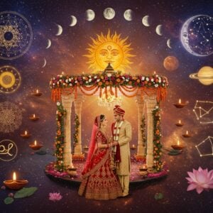 A divine cosmic scene showing a traditional Indian wedding mandap floating in ethereal space, adorned with marigold garlands and lotus flowers. The mandap is surrounded by intricate, glowing zodiac symbols and celestial bodies rendered in gold and deep saffron. A young Indian couple in traditional wedding attire (bride in red lehenga with gold embroidery, groom in cream sherwani) stands beneath the mandap. Above them, a celestial calendar visualization shows phases of the moon, sun, and nine planets in Vedic arrangement, with soft purple and blue cosmic energies swirling around. The scene is illuminated by multiple floating diyas creating a warm, golden glow. In the background, a large ornate Madhubani-style sun and moon merge together, surrounded by intricate patterns of stars and constellations. The overall composition has a surreal, ethereal quality with elements floating in space, rendered in a style blending traditional Indian art with modern digital aesthetics, using deep maroons, royal blues, and metallic gold accents. Sacred geometry patterns and yantra designs subtly weave throughout the scene in glowing lines.