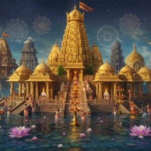 A grand underwater 5-tiered Vaikunta temple complex emerging from a cosmic ocean, with each tier representing different regions of India. The architecture seamlessly blends distinct regional styles - South Indian Dravidian gopurams, North Indian Nagara spires, Bengali char-chala, and Odishan deul. Golden light emanates from within each tier. Multiple priests in traditional white dhoti and angavastram perform different regional Pancharatra rituals simultaneously - some offering arati with elaborate golden lamps, others performing abhishekam with crystal vessels, and some chanting with tulsi garlands. The scene is decorated with floating lotus flowers in pink and white, with water reflecting ethereal light patterns. Ornate mandalas in gold and deep blue float in the background. The mood is mystical and divine, with soft glowing orbs of light and translucent silk curtains swaying gently. Intricate Madhubani-style patterns adorn the temple walls, while peacock motifs and conch shell designs in gold accent the pillars. The color palette focuses on deep ocean blues, temple gold, saffron, and pearl white, creating a harmonious blend of traditional and surreal elements. Hyperrealistic digital art style with fantasy elements.