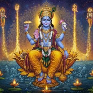 A majestic scene depicting Lord Vishnu in his divine form with four arms, seated in padmasana on a golden lotus emerging from cosmic waters. His upper right hand holds the Sudarshana Chakra emitting ethereal light, upper left holds the pristine white conch shell, lower right shows the abhaya mudra, and lower left holds a blooming lotus. He wears a rich peacock-blue pitambara with intricate gold patterns, and a crown adorned with precious gems. Around him float five mystical streams of golden light representing the five aspects of Pancharatra (jnana, yoga, kriya, charya, and vedanta). The background features a large, intricate mandala in Madhubani style with Vaishnava symbols like sankha, chakra, and padma. Sacred temple architecture elements float in the ethereal space, rendered in a combination of traditional Pattachitra and modern digital art style. The color palette includes deep royal blues, golden yellows, and cosmic purples. The scene is illuminated by a divine glow emanating from Vishnu's form, creating a serene yet powerful atmosphere. Multiple small Tulsi plants with golden auras border the lower portion of the composition.