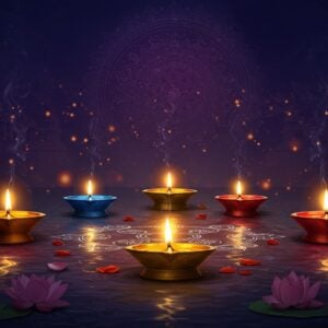 A mystical nighttime scene showing five ornate traditional brass deepams arranged in a sacred geometric pattern, each flame glowing with different ethereal colors (saffron, blue, golden, red, and pure white). The deepams float above a serene lotus pond, their reflections creating mesmerizing ripples. In the background, a large, intricately detailed mandala in gold and deep maroon hovers in the air, emanating divine light. Traditional Kolam patterns drawn with rice flour spiral outward from the deepams. Soft orbs of light float around like fireflies, while marigold and lotus petals scatter across the scene. The composition incorporates elements of Madhubani art style with modern digital aesthetics, featuring rich jewel tones and metallic accents. Small streams of fragrant smoke rise from the deepams, forming delicate patterns in the air. The overall atmosphere is deeply spiritual and meditative, with a subtle gradient from deep indigo at the top to warm golden hues at the bottom. The scene includes subtle details of traditional temple architecture in the background, rendered in a dreamy, ethereal style.