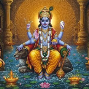 A majestic scene depicting Lord Vishnu in his divine form with four arms, seated on Adisesha in the cosmic ocean of milk (Ksheerasagara). He holds the Sudarshana Chakra in his upper right hand, Panchajanya conch in upper left, lotus flower in lower right, and mace (Kaumodaki) in lower left. His complexion is deep blue, wearing pitambara (yellow silk dhoti) and adorned with golden crown, Kaustubha gem, and traditional ornaments. Behind him, a large ornate mandala glows in gold and saffron hues. The ocean sparkles with ethereal light, with lotus flowers floating on its surface. To his sides, smaller vignettes show his incarnations - Matsya, Kurma, Varaha, and Narasimha - rendered in traditional Pattachitra style but with modern digital flourishes. The scene is illuminated by divine light, creating a surreal atmosphere with subtle floating particles of light. Transparent sacred geometric patterns overlay the entire composition. The art style combines hyperrealistic digital rendering with traditional Indian art elements, featuring rich colors like deep blue, gold, and saffron, with intricate details and patterns reminiscent of temple architecture.