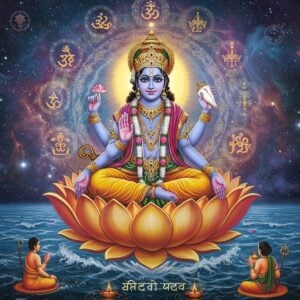 A majestic visualization of Lord Vishnu in His eternal cosmic form, seated in Padmasana on a thousand-petaled golden lotus floating in a cosmic ocean. He has four arms holding His divine symbols - the Sudarshana Chakra radiating golden light in upper right hand, the pristine white Panchajanya conch in upper left, a blooming lotus in lower left, and the Kaumodaki mace in lower right. His form is adorned with the Kaustubha gem emitting rainbow prisms, multiple strands of Vaijayanti garland, and golden Pitambara vastra. Behind Him, five concentric mandalas representing the five aspects of creation pulse with ethereal energy in colors of deep indigo, celestial blue, cosmic purple, divine gold, and pure white. The scene is set in a surreal space with swirling galaxies and nebulae in rich jewel tones. Sacred Sanskrit symbols float ethereally in the background as glowing golden geometrical patterns. The art style combines hyperrealistic digital rendering with traditional Thanjavur painting aesthetics, featuring rich metallics, deep colors, and intricate details. Multiple small vignettes around the main figure show scenes of ritual worship, yoga practices, and philosophical discourse in a modern setting, rendered in a minimalist style with gradient color transitions.