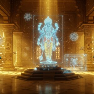 An ancient Indian library setting with golden-hued marble floors and ornate pillars decorated with intricate Madhubani patterns, illuminated by ethereal light streaming through crystal windows. In the center, a majestic 3D holographic projection of Lord Vishnu in his classic four-armed form (clockwise: Chakra, Conch, Lotus, Mace) floats above an elaborate digital interface displaying scrolling Sanskrit texts. Traditional palm leaf manuscripts and modern tablets seamlessly blend on floating crystal shelves. The scene is adorned with floating mandalas emitting soft blue light, while mystical Vaishnava symbols (Sankha, Chakra, Namam) glow in neon colors. Digital particles form the shape of the sacred Divya Desams in the background. The lighting combines warm golden rays with cool blue technological highlights. The atmosphere merges ancient wisdom with futuristic technology, creating a surreal, knowledge-filled sanctuary. Hyper-detailed digital art style with photorealistic textures, rendered in 8K quality with volumetric lighting and ray tracing effects.