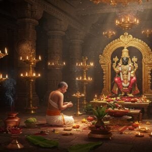 A majestic temple interior with intricate Dravidian architecture, illuminated by warm golden light streaming through ornate windows. In the center, a devoted priest in traditional white dhoti and angavastram performs elaborate Pancharatra rituals before a beautifully adorned deity of Lord Vishnu with four arms (holding Sankha, Chakra, Gada, and Padma). Multiple brass lamps with dancing flames create a divine atmosphere. Sacred symbols like the Thiruman, Urdhva Pundra, and Shanku-Chakra are intricately carved on temple walls in Madhubani style. Detailed mandalas and yantra patterns in gold and saffron float ethereally in the background. The scene includes sacred elements like copper kalash, banana leaves, fresh flowers, and burning camphor. Soft rays of light create a mystical ambiance, with subtle smoke from incense creating ethereal patterns. The color palette includes deep maroons, peacock blues, and rich golds, with hints of saffron and vermillion. Photorealistic digital art style with magical realism elements.