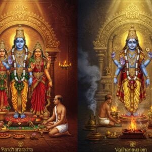 A majestic split-screen composition showing two temple sanctums side by side, divided by an ornate golden mandala. On the left, depicting Pancharatra tradition, Lord Vishnu stands in tribhanga pose with four arms (Sankha, Chakra, Gada, Padma), adorned in rich golden pitambara, with Sri Devi and Bhu Devi by his side, surrounded by mystical Divya Desam architecture. On the right, representing Vaikhanasa tradition, Lord Vishnu stands in sama bhanga pose with four arms holding the same attributes but in different positions, with more austere temple architecture featuring Dravidian gopuram elements. Both sides show priests performing distinct rituals - the left showing elaborate utsava preparations, the right showing agnihotra rituals. The scene is illuminated by divine light streaming from above, with intricate Madhubani-style patterns in the background. Floating lotus flowers, geometric yantras, and swirling smoke from sacred fires add depth. The color palette contrasts deep maroons and saffrons with celestial blues and golds. The art style merges traditional Indian temple art with modern digital fantasy aesthetics, emphasizing the sacred geometry and spiritual symbolism of both traditions.