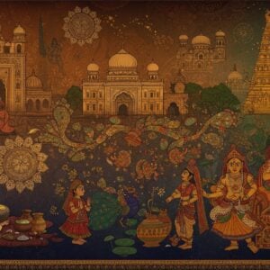 A mesmerizing panoramic scene showcasing multiple Indian art styles seamlessly blending together: a Rajasthani miniature painter in detailed angarkha creating intricate work on the left, transitioning into vibrant Madhubani art patterns in the center with peacocks and fish motifs, flowing into Kerala mural art style on the right with detailed golden temple architecture. The background features a grand artistic timeline moving from ancient cave paintings to contemporary Indian art. Rich jewel tones of deep indigo, royal gold, burnt sienna, and emerald green dominate the palette. Floating geometric mandalas and lotus patterns create depth. The scene is illuminated by warm, ethereal light casting golden shadows. Traditional artists are shown using both ancient tools and modern techniques, symbolizing evolution. Detailed architectural elements from different periods - Ajanta caves, Mughal domes, and modern Indian structures - form a subtle backdrop. The composition follows traditional Indian art hierarchy with important elements larger in size. Intricate border patterns inspired by Tanjore art frame the scene. The art style combines hyperrealistic details with spiritual symbolism, rendered in high-quality digital illustration with metallic accents and texture overlays.