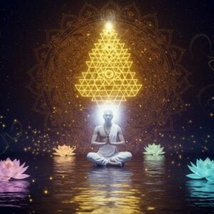 A serene Indian yogi in pristine white dhoti meditating in padmasana pose, floating above a circular pool of still water reflecting a cosmic night sky. Above him, an intricate 3D Sri Yantra structure made of golden light rotates slowly, emanating rays of divine white and purple energy. Multiple translucent lotus flowers in pastel pink and blue orbit around him. The background features a grand mandala pattern merging traditional Madhubani art with modern sacred geometry, rendered in deep indigo, gold, and saffron colors. Ethereal wisps of light spiral upwards, forming the subtle silhouette of the Aum symbol. The yogi's aura glows with multiple layers - starting from pure white at the core to deep cosmic blue at the edges. Small particles of golden light float around like fireflies. The scene is illuminated by a soft, otherworldly glow, creating a mystical atmosphere. The art style combines hyperrealistic digital rendering with traditional Indian artistic elements, maintaining a modern, sophisticated aesthetic while honoring ancient spiritual symbolism.