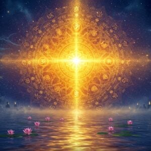 A cosmic, ethereal visualization of Para Brahman as infinite golden light emanating from a central source, merging with intricate mandala patterns in deep indigo and saffron. Multiple translucent layers of geometric Sanskrit sacred patterns float in concentric circles. The scene features a serene cosmic ocean reflecting the golden light, with lotus flowers floating on its surface. Subtle silhouettes of ancient rishis in meditation pose appear in the background. Swirling energy patterns resembling the Kundalini serpent interweave through the composition. The art style combines traditional Thanjavur painting elements with modern digital art, featuring rich metallics and glowing effects. Small points of divine light scatter throughout like stars, creating depth. The overall atmosphere is mystical and transcendent, with a color palette of deep cosmic blues, molten golds, and ethereal white light. Soft fog elements add dimensionality while maintaining the spiritual essence. Incorporates subtle Vedic symbols seamlessly integrated into the mandala patterns.