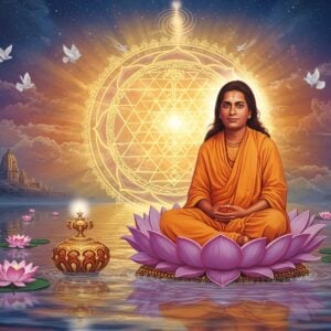 A serene portrait of Paramahansa Yogananda in his signature ochre robes, seated in lotus position on a mystical lotus platform floating above calm, reflective waters. His face radiates divine peace with a gentle smile, deep penetrating eyes, and long flowing dark hair. Behind him, a large translucent Sri Yantra mandala glows in gold and white light, emanating rays of spiritual energy. The scene is enriched with ethereal elements: floating lotus flowers in soft pink and white, spiral patterns of light representing cosmic consciousness, and subtle representations of East-West unity through architectural elements - a temple spire merging with a cathedral dome in the distant background. The color palette combines deep spiritual colors (saffron, deep blue, gold) with soft, ethereal tones (lavender, pearl white). Multiple translucent layers of light surround his form, suggesting his spiritual aura. Small peaceful doves fly in the background, symbolizing peace and divine connection. The artwork style merges traditional Indian miniature painting techniques with modern digital art, creating a contemporary yet timeless feel. The overall composition creates a sense of depth and divine presence.