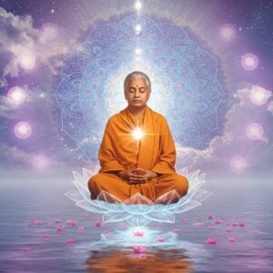 A serene portrait of Paramahansa Yogananda in deep meditation, seated in lotus position on a crystalline lotus platform floating above calm waters. He wears a saffron-colored robe with intricate Madhubani-style patterns along its edges. His face radiates divine peace with a subtle golden aura. Behind him, a large translucent mandala in shades of ethereal blue and gold spirals outward. Multiple ethereal light orbs in pastel colors float around him. The background features a cosmic scene with subtle sacred geometry patterns, dancing light particles, and flowing energy streams in soft purples and blues. Misty clouds part to reveal glimpses of stars and celestial bodies. At his heart center, a glowing white light emanates outward in gentle waves. The foreground shows scattered lotus petals on the water's surface, creating perfect reflections. The overall scene has a dreamy, spiritual quality with a modern digital art finish, combining photorealistic details with supernatural elements. The lighting is soft and otherworldly, emphasizing the spiritual atmosphere with subtle lens flares and light rays.