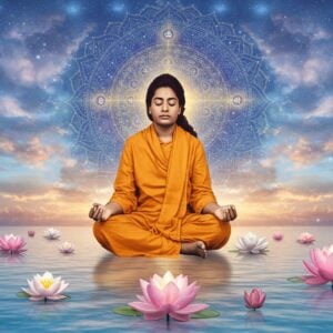 A serene portrait of Paramahansa Yogananda meditating in lotus position, wearing a saffron robe with intricate golden patterns, floating above a crystalline lake at dawn. His face radiates divine peace with a subtle golden aura. Behind him, a large ethereal cosmic mandala with concentric circles in shades of deep blue and gold symbolizing the spiritual journey. Multiple translucent lotus flowers in pastel pink and white emerge from the lake, some fully bloomed, others in various stages of opening, representing spiritual awakening. Soft rays of golden light filter through mystical clouds, creating a dreamlike atmosphere. The scene includes subtle spiritual symbols like the Om symbol and the eye of wisdom integrated within the mandala pattern. The art style combines photorealistic features with divine surrealism, using both traditional Indian artistic elements and modern digital techniques. The overall color palette features peaceful blues, soft golds, and gentle purples, with emphasis on ethereal lighting and smooth gradients.