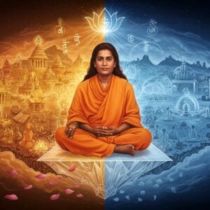 A serene portrait of Paramahansa Yogananda in his iconic orange robes sitting in padmasana on a crystal platform floating between East and West, symbolically bridging two worlds. On the left side, an ethereal visualization of ancient Indian temples, yoga mudras, and Sanskrit scriptures in warm golden hues. On the right side, modern Western cityscapes, meditation centers, and people practicing yoga in cool blue tones. Above him, a large luminous lotus mandala radiates divine light. His face bears his characteristic gentle smile and penetrating eyes, surrounded by his signature long dark hair. Swirling energy patterns connect both hemispheres, with subtle symbols of Kriya Yoga techniques floating in the aether. The background features a gradient from dawn colors in the East to dusk colors in the West. Small details include his autobiography "flying" between the two worlds, lotus petals falling gently, and subtle geometric sacred patterns. Art style combines traditional Indian Madhubani patterns with modern digital art techniques, using rich golds, deep oranges, royal blues, and ethereal white light effects. The overall composition should feel mystical yet grounded, spiritual yet accessible.