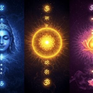 A mesmerizing triptych composition showing three interconnected ethereal realms, each flowing into the other through golden threads of consciousness. In the center panel, a radiant cosmic sphere represents Brahman, emanating pure golden light with intricate Sanskrit-inspired patterns and mandalas. The left panel shows Paramatman as a divine figure with a serene face, surrounded by cosmic energy and multiple layers of subtle blue and purple auras. The right panel depicts Atman as a floating lotus containing a small golden flame, representing the individual soul. Swirling energy patterns and sacred geometry connect all three panels. The background features a gradient from deep cosmic blue to spiritual purple, with floating sacred symbols like Om and lotus motifs. The lighting is dramatic with golden rays emerging from the center, creating a sense of divine illumination. The art style combines traditional Madhubani patterns with modern digital art techniques, featuring rich colors like deep indigo, burnished gold, and celestial purple. Floating specks of light and subtle smoke effects add depth and mysticism to the scene.