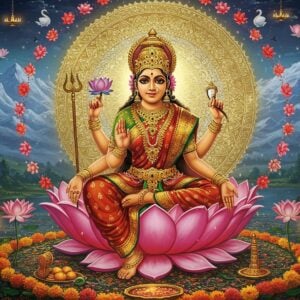 A celestial portrayal of Goddess Parvati seated gracefully in padmasana on a blooming lotus throne, her four arms displaying traditional mudras - her right front hand in abhaya mudra, left front hand holding a blue lotus, upper right hand holding a rosary, and upper left hand holding a mirror. She wears a rich crimson and gold silk saree with intricate traditional patterns, adorned with elaborate gold temple jewelry including a crown with crescent moon. Her serene face bears a gentle smile, with eyes half-closed in meditation. Her complexion is golden-fair, symbolizing purity. Behind her is a large, intricately detailed mandala in shades of gold and white, emanating divine light. The background features stylized Himalayan peaks in soft blues and whites, with sacred symbols like trishul, swans, and lions subtly woven into the scenery. Floating lotuses, marigolds, and jasmine flowers surround her in a spiral pattern. The scene is illuminated by a warm, divine glow, creating an ethereal atmosphere. The art style combines traditional Thanjavur painting techniques with modern digital art aesthetics, featuring rich metallics and deep jewel tones. Soft particles of divine light scatter throughout the composition.