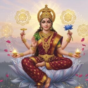A luminous, ethereal depiction of Goddess Parvati seated in padmasana on a crystalline lotus throne, radiating divine golden light. She has four arms - her upper right hand holds a blue lotus, upper left holds a mirror reflecting cosmic beauty, lower right in abhaya mudra, and lower left in varada mudra. She wears a rich maroon and gold silk saree with intricate Madhubani-style peacock motifs. Her face is serene with gentle smile, adorned with traditional bridal jewelry including a large maang tikka, nose ring, and multi-layered gold necklaces. Behind her, three intersecting mandalas in gold, pink, and turquoise float in the air, symbolizing marriage, beauty, and success. The background features a misty Himalayan peaks at dawn with soft pastel colors. Sacred yantra patterns and swirling energy lines in metallic gold emerge from her aura. Floating lotus petals and sparkles of divine light surround her. The overall composition combines traditional Indian art elements with modern digital art techniques, creating a sophisticated spiritual atmosphere. The lighting is ethereal with a soft glow emphasizing her divine presence.