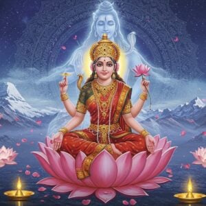 A serene depiction of Goddess Parvati seated in padmasana on a blooming golden lotus, radiating divine light in soft pink and ethereal blue hues. She wears an intricately detailed red silk saree with gold embellishments, adorned with traditional temple jewelry. Her four hands hold a lotus flower, a mirror, a rosary, and the fourth in abhaya mudra. Lord Shiva appears behind her as a translucent, ethereal form in meditation. The background features a large, ornate mandala in Madhubani style with intricate patterns in gold and deep maroon. Floating crystal lotus flowers surround them, each emitting a soft glow. Sacred Mount Kailash appears in the distance, rendered in a dreamy, watercolor style. Multiple levels of concentric circles with Sanskrit-inspired patterns create a mystical aura. The overall composition combines hyperrealistic details with surreal elements, featuring a color palette of deep blues, celestial golds, and soft rose pinks. Ethereal light particles and delicate flower petals float in the air, creating a magical atmosphere.