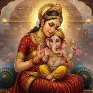 A tender scene depicting Goddess Parvati, portrayed as a beautiful Indian mother with radiant golden skin, wearing a rich red and gold silk saree, adorned with intricate temple jewelry, sitting on an ornate marble throne. She is lovingly embracing young Lord Ganesha, who appears as a child with an elephant head, wearing a silk dhoti and sacred thread. Ganesha has four arms holding his iconic weapons - ankusha (elephant goad), pasha (noose), modak, and his broken tusk. The background features a grand Kailash palace with intricate Madhubani-style patterns. Floating lotus flowers, glowing mandalas, and soft ethereal light surround them. Shimmering golden particles and soft pastel mist add a divine atmosphere. The scene is rendered in a blend of traditional Indian art and modern digital aesthetics, with rich colors of deep maroon, saffron, and peacock blue. Sacred symbols like Om and swastikas are subtly woven into the architectural details. The overall composition emphasizes the deep maternal bond and divine love between mother and son.