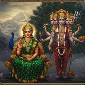 A majestic scene depicting Mother Parvati in a royal emerald green silk saree with gold border, adorned with traditional gold jewelry and a serene expression, sitting on a golden lotus throne. Besides her stands the powerful six-headed Kartikeya, each face expressing different emotions, wearing golden armor with intricate peacock feather designs. His divine spear Vel glows with ethereal blue energy in his right hand, while his celestial peacock mount stands regally behind him with spread feathers forming a magical mandala pattern. The background features the misty peaks of Mount Kailash with soft golden light breaking through clouds. Traditional Madhubani-style patterns frame the scene, with detailed peacock motifs and sacred geometry. The color palette combines deep maroons, celestial blues, and warm golds. Floating lotus flowers and divine weapons create a border, while subtle glowing orbs of light add a mystical atmosphere. The scene is rendered in a harmonious blend of traditional Indian art and modern digital fantasy art style, with atmospheric lighting and a cinematic composition.