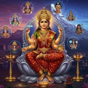 A majestic Goddess Parvati, depicted as a beautiful Indian woman with golden complexion in a flowing red and gold silk saree, seated on a silver lotus throne. Her four hands hold a blue lotus, a mirror, a rosary, and a golden vessel. She wears intricate gold jewelry including a crown adorned with peacock feathers and crescent moon. Behind her, a modern cityscape transitions seamlessly into Mount Kailash, with half showing contemporary buildings with digital billboards and the other half showing the sacred mountain. Around her float multiple circular screens showing her various modern pop-culture appearances - animated series, video games, and comic books, rendered in a glowing holographic style. The scene is illuminated by both modern neon lights and divine golden aura. Traditional Madhubani-style peacocks and lotus patterns frame the composition, while contemporary geometric mandala patterns pulse with subtle energy. The background features a gradient from deep purple to cosmic blue, with sparkling stars and floating sacred symbols. Soft focusing, cinematic lighting, hyper-detailed digital art style with photorealistic textures.