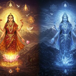 A majestic scene depicting Goddess Parvati emerging from a swirling cosmic energy vortex, her form ethereal and divine. She has two arms, wearing a rich red and gold silk saree with intricate traditional patterns. Her face is serene and beautiful, adorned with a crescent moon on her forehead. Behind her, a massive Himalayan mountain range glows with supernatural light. The scene is split vertically - the left side shows her birth with warm golden light, blooming lotus flowers, and ascending doves, while the right side depicts her transformation into Sati in spiritual blue flames. Floating mandalas and sacred geometric patterns frame the composition. In the background, subtle silhouettes of Lord Shiva and Mount Kailash are visible. The art style combines traditional Madhubani patterns with modern digital art techniques, using a color palette of deep maroons, celestial blues, burnished golds, and ethereal whites. Sacred symbols like trishuls, om symbols, and lotus motifs are tastefully integrated into the patterns. The lighting creates a dramatic atmosphere with divine rays breaking through clouds.
