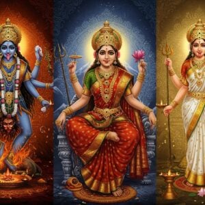 A divine triptych composition showing three distinct forms of the Goddess: In the center, Parvati in her serene form wearing a red and gold silk saree, adorned with traditional jewelry, seated on a silver throne with Mount Kailash in background, radiating maternal warmth. To her left, Kali Ma with her fierce expression, dark blue skin, wearing a garland of skulls, her four arms holding a sword, severed head, lotus, and abhaya mudra, standing on Lord Shiva with her tongue out, surrounded by intense deep blue flames. To her right, Gauri in pure white saree with gold borders, fair-skinned, holding lotus flowers in both hands, surrounded by white lotus blooms and soft golden light. The background features intricate Madhubani-style patterns in gold. Each form transitions into the other through swirling energy patterns in saffron, deep blue, and white. The lighting creates a dramatic effect - dark and intense for Kali, soft and ethereal for Gauri, and warm and balanced for Parvati. Mandala patterns float in the background, with yantra designs specific to each form. The overall composition has a surreal, spiritual quality with floating devotional items like flowers, bells, and diyas. Hyperrealistic digital art style with Indian traditional art influences.