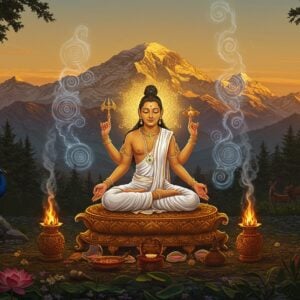 A serene mountain scene depicting Goddess Parvati performing intense tapasya, her figure radiating divine golden aura, seated in padmasana on an ornate lotus platform. She wears a simple white silk cloth, minimal gold jewelry, her hair in traditional jata style. Her eyes are closed in deep meditation, with a subtle smile reflecting inner peace. Around her, ethereal blue-white energy swirls form celestial patterns. The backdrop shows the majestic snow-capped Himalayas at sunrise, with warm golden light illuminating the peaks. Small flames hover around her, symbolizing her intense penance. Delicate lotus flowers and sacred herbs grow around her meditation spot. The scene is composed in Pattachitra style but with modern digital rendering, featuring rich colors of deep saffron, celestial blue, and pure white. Mystical smoke patterns with embedded subtle mandala designs float in the air. Several peacocks and forest creatures peacefully observe from a distance, symbolizing nature's harmony with her divine presence. The overall composition creates a powerful yet serene atmosphere, emphasizing the spiritual intensity of her tapasya.