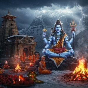 A majestic Lord Shiva as Pashupati in deep meditation, seated in padmasana on Mount Kailash, four arms holding trishul, damaru, akshamala, and kamandalu. His form radiates intense blue aura, with matted locks adorned with crescent moon and flowing Ganga. The background shows ancient stone temples with Pashupata symbols and lingams carved intricately. Ash-smeared Pashupata ascetics in minimal clothing perform intense tapasya nearby. Sacred fire burns with ethereal energy, smoke forming mystical Shaivite symbols. The scene is illuminated by divine light breaking through storm clouds. Photorealistic digital art style with dramatic lighting, merging traditional Indian temple architecture with cosmic energy effects. Rich colors of deep blues, burning oranges, and silver moonlight create a mystical atmosphere. The foreground features scattered rudraksha beads and vibhuti, with a large trident emanating spiritual energy planted in the snow-covered ground.