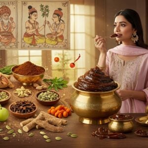 A serene composition featuring a golden-lit kitchen in a modern Indian home with traditional elements, where a young Indian woman in elegant pastel salwar kameez holds a copper spoon with Chyawanprash near her mouth. The foreground displays an ornate brass vessel containing dark, glossy Chyawanprash surrounded by key ingredients - fresh amla fruits, ashwagandha roots, giloy stems, and cardamom pods arranged in a traditional Madhubani-style mandala pattern. Floating ethereally around are glowing particles representing immunity and vitality. The background features intricate Pattachitra-style illustrations of ancient sages and Ayurvedic physicians preparing medicine. A soft morning sunlight streams through a window, creating a warm golden glow that highlights the rich texture of the Chyawanprash. The scene incorporates modern elements like sleek marble countertops while maintaining traditional brass and copper utensils. Digital art style with photorealistic textures, soft lighting, and rich, deep colors of maroon, saffron, and peacock blue. The composition should evoke feelings of wellness, tradition, and modern lifestyle fusion.