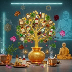A serene, modern laboratory-like setting seamlessly blending with traditional Indian architectural elements, featuring gleaming glass walls with intricate mandala patterns. In the center, a stylized golden tree of life emerges from an ornate copper vessel, its branches transforming into various Patanjali products - herbal medicines, cosmetics, and wellness items. The products emit a subtle, mystical glow in earthy tones of saffron, deep green, and copper. Around the tree, floating geometric patterns inspired by yoga asanas intertwine with Ayurvedic herbs and medicinal plants in vibrant colors. Modern scientific instruments merge with traditional mortar-pestles and copper vessels. The scene is illuminated by both modern LED lights and traditional oil lamps, creating a dynamic interplay of light and shadow. In the background, a large, translucent image of Maharishi Patanjali in meditation pose, rendered in contemporary digital art style with a gradient of blues and golds. The entire scene is portrayed in a harmonious blend of hyperrealistic digital art with traditional Madhubani patterns, emphasizing both scientific precision and spiritual wisdom. Atmospheric elements include subtle wisps of aromatic smoke and floating lotus petals.