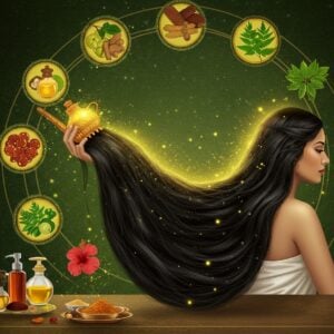 A serene indoor scene showing a beautiful young Indian woman with extraordinarily long, glossy black hair cascading like a waterfall against a backdrop adorned with intricate Madhubani-style patterns. Her hair is being treated with golden-hued herbal oil that seems to emit a subtle spiritual glow. Around her, floating in a circular mandala pattern, are traditional Ayurvedic ingredients - amla fruits, hibiscus flowers, neem leaves, and brahmi herbs, rendered in both realistic and stylized Pattachitra art forms. The woman sits on a carved wooden chair near a modern vanity, with contemporary glass bottles containing hair care products arranged elegantly. Soft, ethereal lighting bathes the scene, creating a harmonious blend of traditional and modern elements. The color palette features deep forest greens, warm golds, rich browns, and subtle saffron hues. Small particles of light dance around the herbs, suggesting their magical healing properties. The woman's expression is peaceful and content, with her skin glowing and healthy. The entire scene is framed by a decorative border inspired by ancient Indian temple architecture, modernized with a minimalist touch.