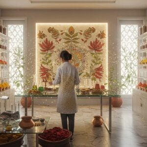 A serene modern laboratory setting with traditional Indian elements, featuring a female Indian Ayurvedic scientist in a pristine white coat adorned with subtle golden mandala patterns. She's gracefully working with various Patanjali herbs and ingredients on a sleek glass workstation. The workspace showcases a harmonious blend of modern scientific equipment and traditional copper vessels. In the background, a large illuminated wall displays intricate Madhubani-style botanical illustrations of sacred herbs like Tulsi, Neem, and Ashwagandha in deep saffron and peacock blue hues. Multiple glass shelves hold elegant transparent containers filled with vibrant Ayurvedic ingredients - golden turmeric powder, deep red sandalwood, emerald aloe vera. Soft, ethereal light filters through traditional jali windows, creating geometric patterns on the modern marble floor. The scene is accented with subtle floating particles of herb powder catching the light, giving a magical quality. The color palette combines sterile laboratory whites with rich traditional colors - deep maroons, forest greens, and burnished golds. Photorealistic style with magical realism elements, 8k resolution, cinematic lighting.