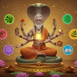 A serene Indian meditation scene featuring Maharishi Patanjali in his half-human, half-serpent form, seated in Padmasana on a golden lotus platform. His upper body is human with four arms, lower body coiled like a serpent, emanating a soft divine glow. In his hands he holds ancient Ayurvedic herbs, sacred texts, a crystal bowl of healing oils, and forming a mudra. Around him float seven chakra-colored healing circles containing photorealistic representations of traditional Ayurvedic ingredients - turmeric, holy basil, ashwagandha, and neem. The background features intricate Madhubani-style patterns in muted gold and saffron, with delicate mandala designs. Ethereal streams of healing energy in pastel blues and greens flow from Patanjali's form. The lighting is warm and mystical, creating a harmonious blend of traditional and modern elements. Several floating lotus flowers in various stages of bloom surround the scene, with soft particles of golden light dancing between them. The overall composition suggests both ancient wisdom and contemporary wellness, rendered in a high-quality digital art style with photorealistic details.