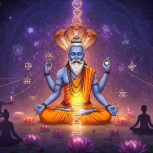 A serene, ethereal scene showing an ancient-meets-modern composition where Sage Patanjali, depicted in his traditional half-human half-serpent form with golden scales, meditates in the center. His upper body shows four arms in mudras, wearing traditional saffron robes with intricate Madhubani-style patterns. Around him, a spiraling DNA helix made of golden light intertwines with sacred geometric patterns and floating yoga sutras in Sanskrit. The background features a large, glowing mandala that transitions from deep indigo to cosmic purple, embedded with modern scientific symbols. In the foreground, silhouettes of diverse Indian people in modern clothing perform yoga asanas, their forms emanating subtle purple and gold auras. Floating lotus flowers, both realistic and geometric, surround the scene. The lighting is otherworldly with soft golden rays filtering through, creating a mystical atmosphere. Transparent sacred threads connect Patanjali to the modern practitioners, symbolizing the timeless connection. The art style combines traditional Pattachitra techniques with modern digital art, featuring rich colors like deep maroon, peacock blue, and saffron gold, while maintaining a sophisticated, contemporary aesthetic.