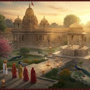 A serene aerial view of an ancient stone temple complex in Rajasthani architecture, with intricate marble carvings and golden domes glowing in warm sunset light. In the foreground, a group of devotees in traditional Rajasthani attire (men in white kurtas and colorful turbans, women in vibrant ghagras) walking along a stone-paved path lined with flowering trees and oil lamps. The temple courtyard features a beautiful step-well with geometric patterns, reflecting the golden sky. Soft mystical light streams through ornate arched windows, creating dramatic shadows. Sacred peacocks roam freely in the garden filled with marigolds and lotus ponds. The scene incorporates Madhubani-style decorative elements in the borders, featuring spiritual motifs and mandala patterns in deep maroon, saffron, and indigo. Ethereal mist rises from the ground, giving the scene a mystical atmosphere. The architectural details should be photorealistic while maintaining a dreamy, spiritual quality. The overall mood should be peaceful and inviting, with gentle atmospheric lighting and soft glowing halos around the temple spires.