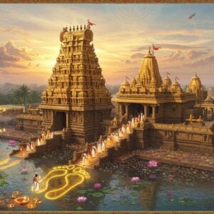 A majestic aerial view of Sri Pada Srivallabha temple complex in Pithapuram, rendered in rich gold and saffron hues, featuring traditional Dravidian architecture with ornate gopurams. The central shrine glows with divine ethereal light, emanating golden rays. In the foreground, a stream of devotees in traditional Indian attire following sacred footprints (pada) made of glowing golden light that leads to the temple. The scene is surrounded by blooming lotus flowers and floating diyas on water. Intricate Madhubani-style patterns frame the composition, incorporating peacock motifs and sacred geometrical designs. The sky features a subtle mandala pattern in pastel blues and soft pinks, with gentle rays of sunlight breaking through clouds. The overall atmosphere is mystical and serene, with soft mist around the temple base. The architectural details include detailed carvings, brass lamps, and traditional stone work, all rendered in a harmonious blend of photorealistic and spiritual art styles. The lighting emphasizes the golden hour with warm, divine illumination.