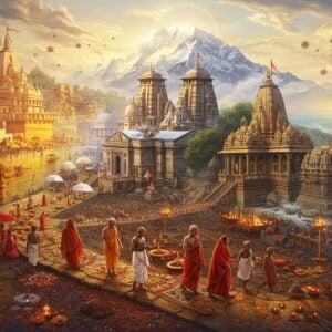 A mystical aerial view of India's most sacred sites seamlessly blending together in a surreal landscape - the golden-lit Varanasi ghats with floating diyas and flower offerings merge into the snow-capped Kedarnath temple, which flows into the ocean-surrounded Rameswaram temple with its ornate gopurams. In the foreground, a group of pilgrims in traditional Indian attire (varying ages, both men and women) walk on a path made of intricate Madhubani-style mandala patterns. Soft rays of divine light filter through clouds, creating ethereal halos around the temples. The scene features floating lotus flowers, bells, and incense smoke forming mystical swirls. The color palette combines deep spiritual colors - saffron, celestial blue, and gold - with softer pastel highlights. The art style merges photorealistic architectural details with dreamy, flowing elements inspired by Pattachitra art. Small details include floating marigold petals, sacred threads, and glowing lamps creating a path through the composition. The lighting creates a divine atmosphere with warm golden hour glow mixed with cool blue spiritual aura.