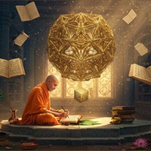A serene ancient Indian scholar in ochre robes seated in padmasana on an ornate marble platform, illuminated by golden morning light, writing Sanskrit sutras with a traditional reed pen on palm leaves. Behind him, a massive three-dimensional geometric Mandala structure floats in mid-air, with intricate Sanskrit grammatical rules flowing like golden threads between its nodes. The background features a mystical library with floating scrolls and manuscripts in deep blue and copper tones. Ethereal beams of light pierce through temple windows, creating dramatic lighting. The scene includes subtle elements like a peacock feather pen holder, an ink pot made of bronze, and delicate lotus flowers blooming around the platform. The art style combines hyperrealistic digital rendering with traditional Madhubani patterns in the borders. The color palette focuses on rich golds, deep browns, royal blues, and warm copper tones. The overall composition should suggest both scholarly wisdom and divine inspiration, with a subtle glow emanating from the manuscripts.