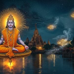 A mystical scene depicting Matsyendranath in yogic posture, wearing saffron robes with intricate Madhubani-style patterns, seated on a lotus platform floating above the ancient city of Ujjain. His face shows deep meditation with a subtle golden aura. The background features the iconic Mahakaleshwar temple's spires merging with swirling cosmic patterns in deep blues and golds. Sacred fish symbols float ethereally around him, rendered in traditional Pattachitra style but with modern digital glow effects. The scene is illuminated by soft moonlight creating dramatic shadows, with the holy Shipra river flowing below, its waters containing subtle reflections of both Hindu and Islamic architectural elements. Floating mandalas and yantra patterns in gold and silver surround the scene, while mystical smoke in shades of saffron and blue adds depth. The overall composition balances traditional Indian art elements with contemporary fantasy art techniques, creating a surreal and spiritual atmosphere.