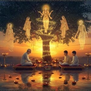 A serene Indian family performing ancestral rituals at sunrise, with three generations present - elderly grandfather, middle-aged father, and young son - all wearing traditional white kurtas. They're seated on ornate brass platforms, performing tarpan with copper vessels and black sesame seeds. Above them, ethereal, translucent figures of ancestors in traditional Indian attire float in a spiraling pattern, rendered in soft golden light. Sacred crow spirits circle overhead. The background features a sacred peepal tree with its leaves shimmering in golden morning light, decorated with sacred threads. A mystical mandala pattern in deep indigo and gold forms behind the ancestral spirits. Water bodies reflect the scene, creating mirror-like symmetry. The color palette consists of dawn colors - soft oranges, deep blues, and brilliant golds. Intricate Madhubani-style patterns frame the scene. The lighting is otherworldly with sun rays filtering through the tree, creating a divine atmosphere. Multiple small diyas float on water, their flames creating a warm glow. Style should blend photorealistic elements with traditional Indian art patterns, emphasizing both the earthly ritual and spiritual connection.